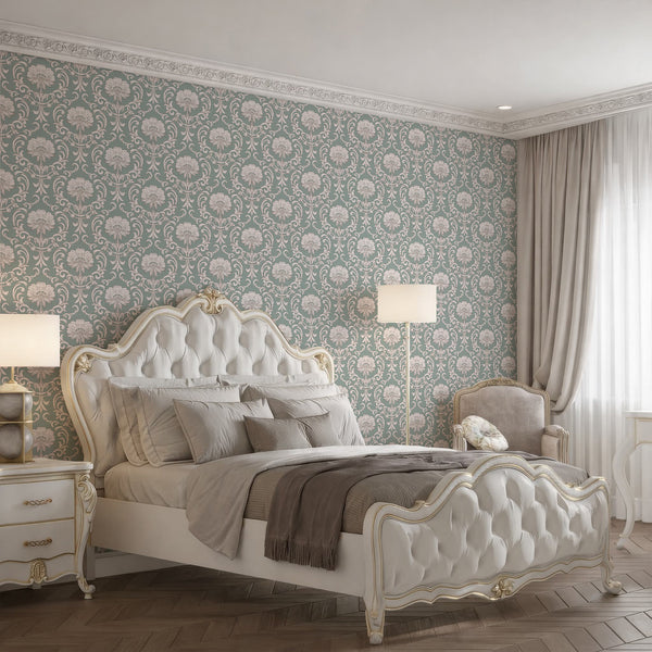 Elegant damask wallpaper with floral medallions and acanthus details, perfect for creating a romantic atmosphere in bedrooms or hallways.