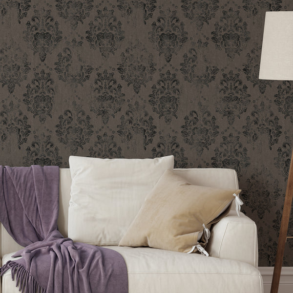 Dark taupe damask wallpaper with distressed medallions for a vintage, tailored look in bedrooms and formal spaces.