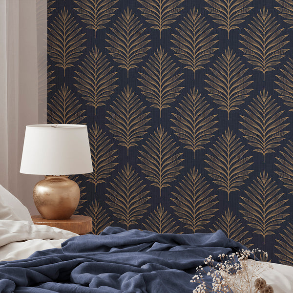 Navy Blue Palm Leaves Wallpaper L059