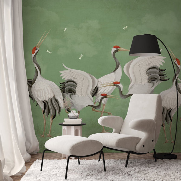 Green Japanese Cranes Wall Mural WM110 - CostaCover - Peel and stick Removable Wallpaper - accent wallpaper - adhesive wallpaper - bathroom wallpaper