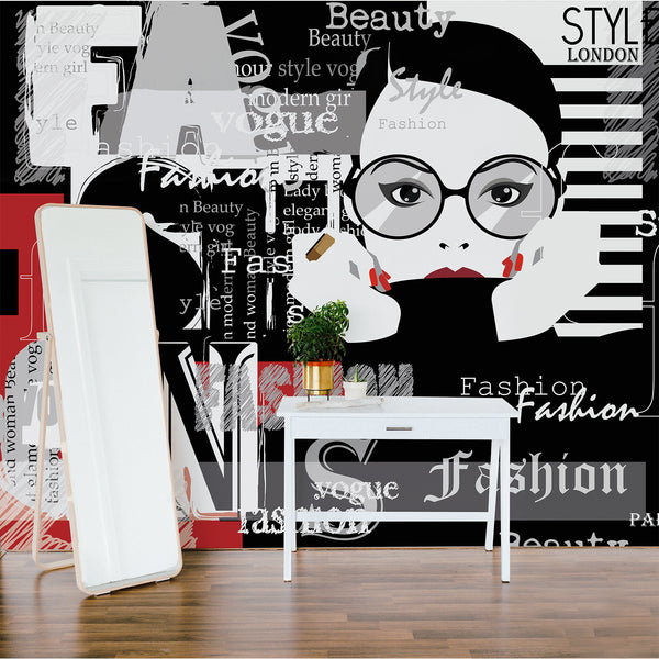 Modern wall mural with a cropped face and layered typography, creating a statement piece for home offices and entryways.
