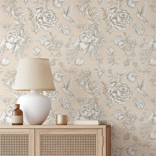 Flowers & Birds Beige Grasscloth Wallpaper CG009 - CostaCover - Traditional Wallpaper - bathroom wallpaper - bedroom wallpaper - beige
