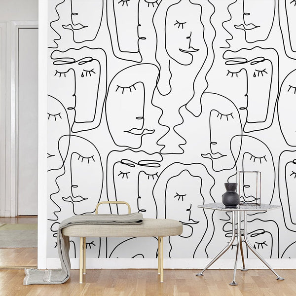 Black & White Abstract Female Face Wallpaper CC309 - CostaCover - Peel and stick Removable Wallpaper - Abstract - abstract lines - abstract mural