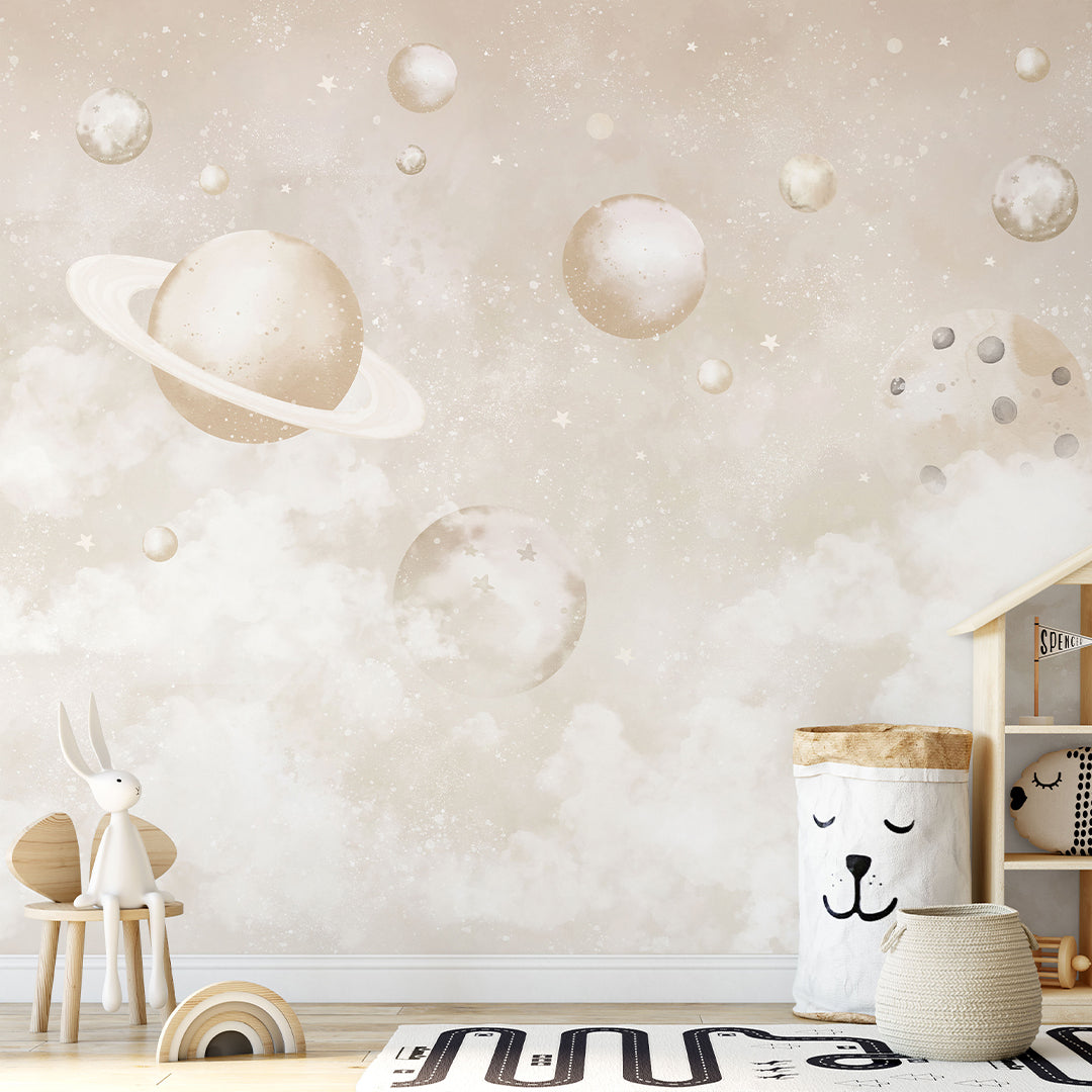 Beige Planets in Space Wall Mural SM086