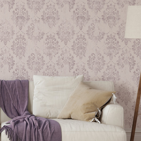 Blush pink damask wallpaper with a romantic glow, perfect for a shabby chic bedroom. Removable peel and stick design, ideal for elegant living room decor.
