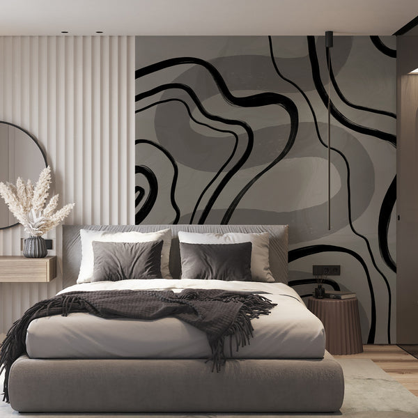 Minimalist black and gray wall mural featuring flowing curved lines and textured neutral tones for a sophisticated contemporary interior.