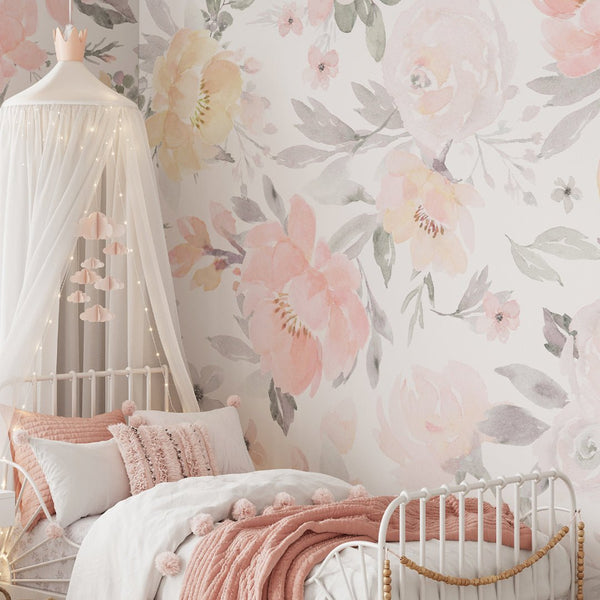 Pink & Yellow Flowers Wall Mural WM003 - CostaCover - Peel and stick Removable Wallpaper - accent wallpaper - adhesive wallpaper - bedroom wallpaper