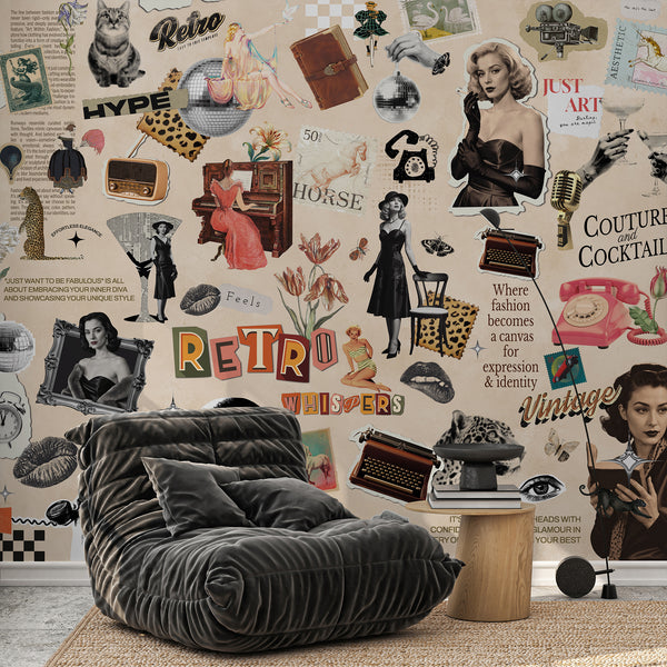 Aged beige paper with a collage of retro objects and decorative florals, creating a vintage fashion mural. The non-repeating design is ideal for a dressing area or media room, providing a bold, maximalist statement.