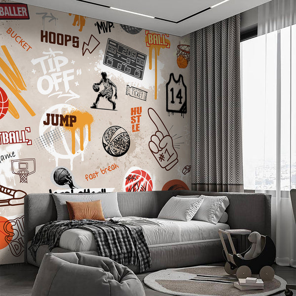 Basketball Graffiti Wall Mural with urban street-art energy, featuring illustrated hoops, players, and stenciled numbers, ideal for a modern playroom or teen bedroom. The design combines orange, black, and ochre tones with spray-paint textures, adding dynamic movement and style to interior decor.