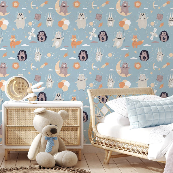 Cute Space Animals Wallpaper S127 - CostaCover-Peel and stick Removable Wallpaper-accent wallpaper-adhesive wallpaper-animal print