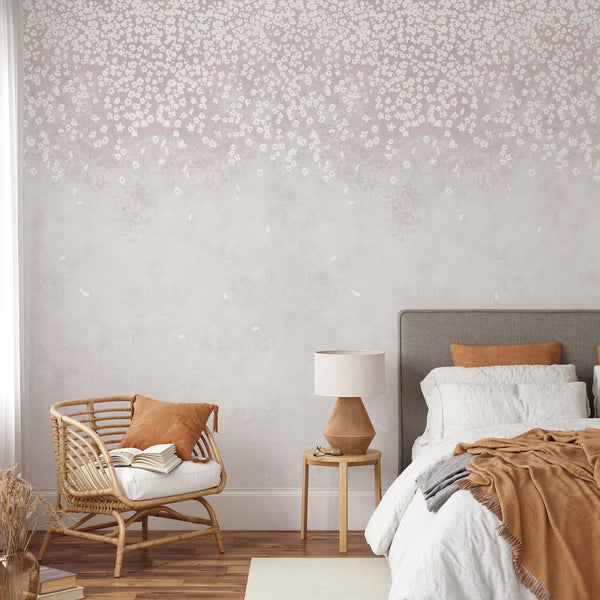 Pink flower wallpaper with tiny white floral details and a dreamy blush watercolor effect, perfect for a girls room, nursery or romantic bedroom.