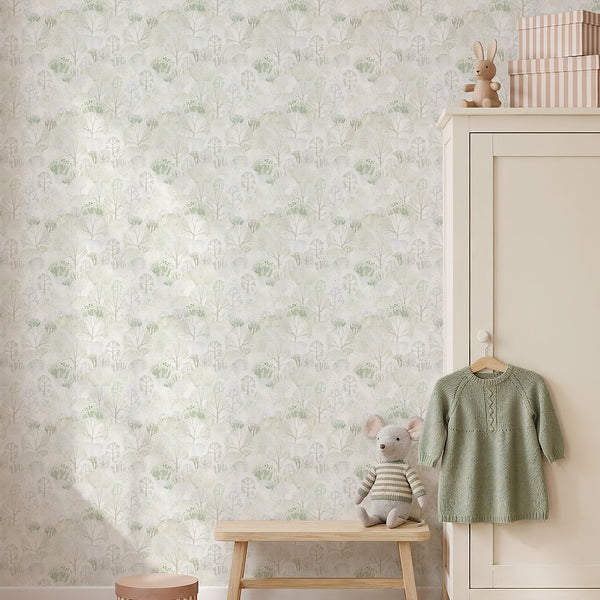 Sage green forest wallpaper featuring delicate watercolor trees, rounded woodland canopies and soft beige foliage on a white background.
