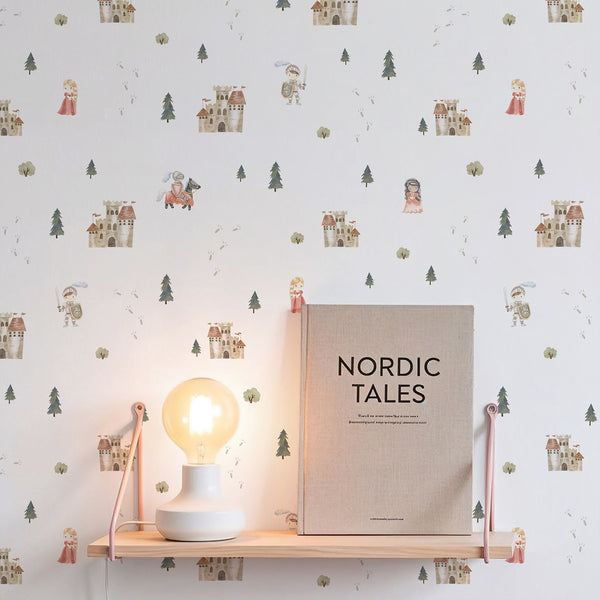 Fairytale kids room wallpaper with medieval castles, royal princesses, knights and evergreen trees in soft muted colors on an off-white background.