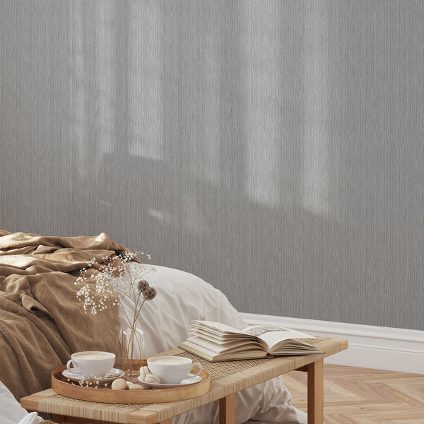Gray vertical texture wallpaper offering a cool, modern look with subtle tonal variations, ideal for creating a serene ambiance in home offices.