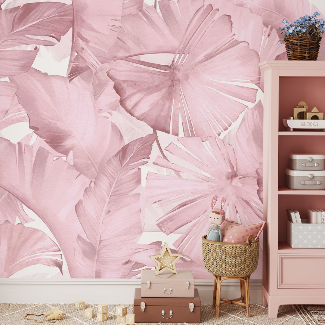 Pink Boho Tropical Banana Leaves Self Adhesive Wall Mural WM020