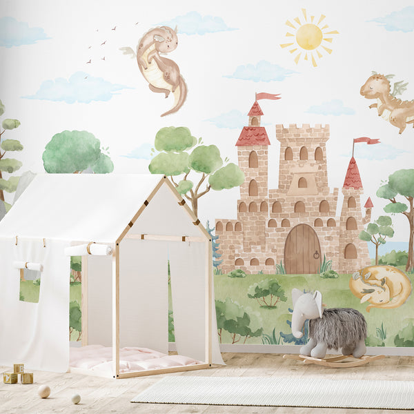 Whimsical dragon nursery wallpaper with adorable flying and sleeping dragons, a watercolor castle, green trees and sunny fantasy kingdom landscape.