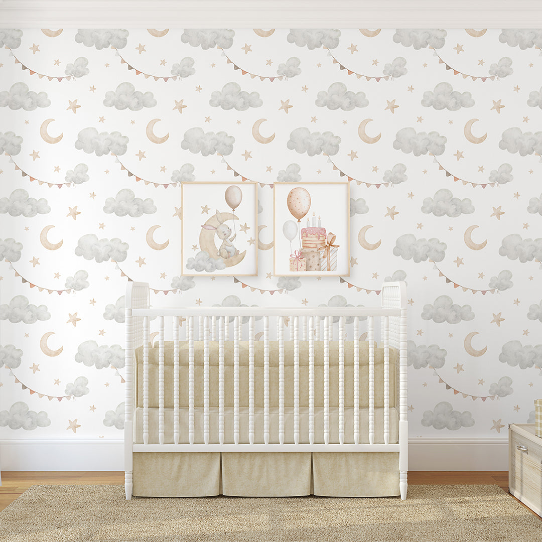 Clouds Moon & Bunting Wallpaper S112