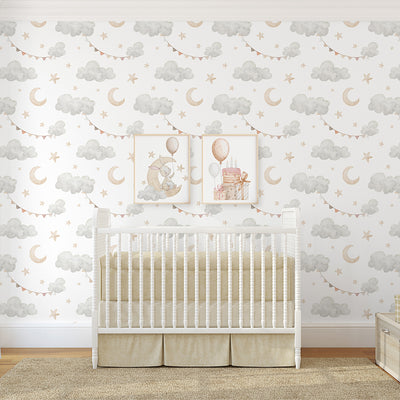 Clouds Moon & Bunting Wallpaper S112