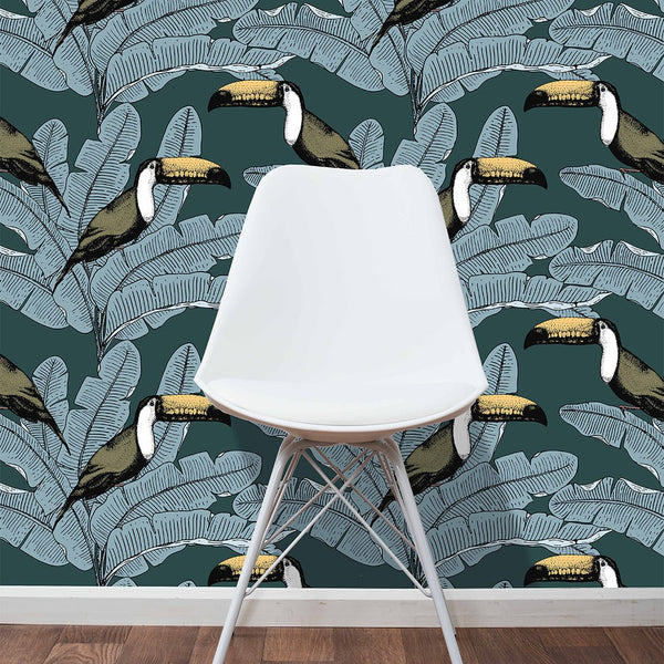 Toucan & Palm Leaves Wallpaper CC211 - CostaCover - Peel and stick Removable Wallpaper - adhesive wallpaper - Backsplash panels - banana leaves