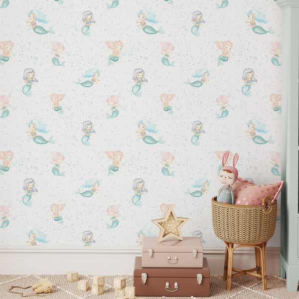 Blue Mermaid Nursery Wallpaper L137