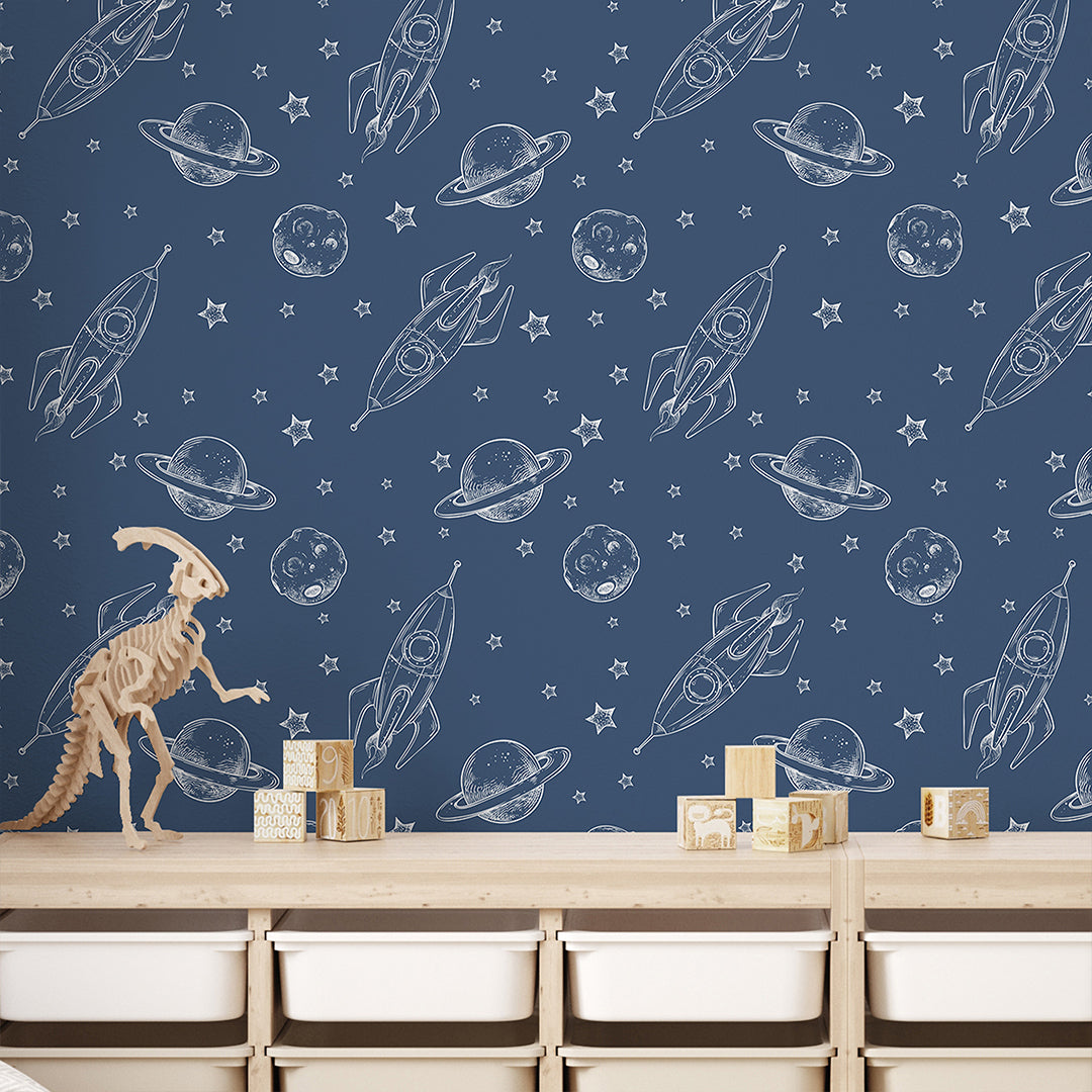Dark Blue Spaceship & Planet Wallpaper S129