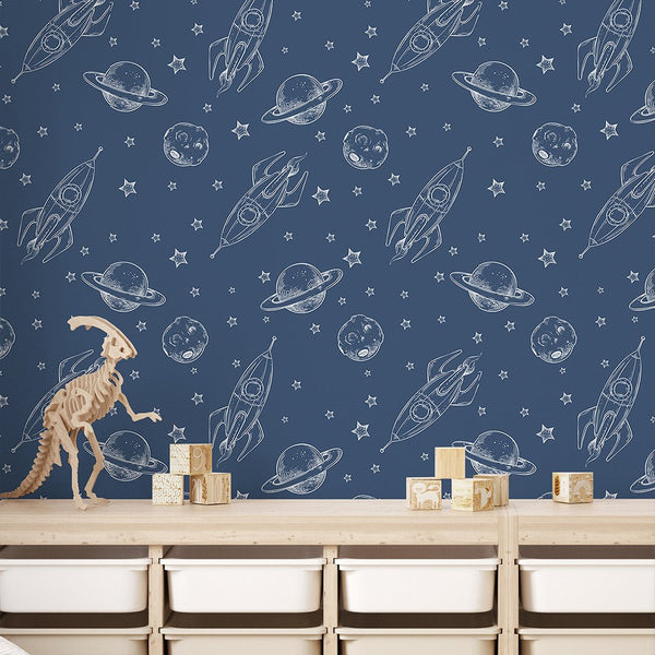 Dark Blue Spaceship & Planet Wallpaper S129 - CostaCover-Peel and stick Removable Wallpaper-abstract wall art-accent wallpaper-adhesive wallpaper