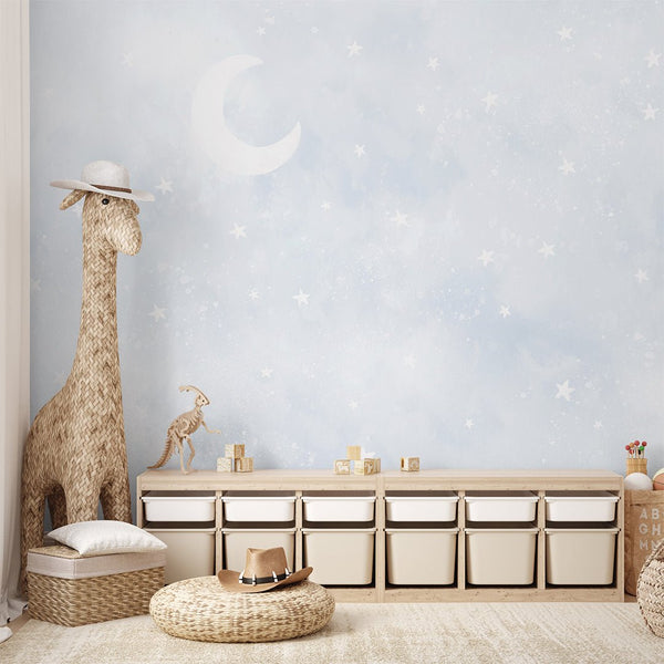 Pastel Blue Moon & Stars Wall Mural SM074 - CostaCover - Peel and stick Removable Wallpaper - Abstract - abstract wall art - abstract wallpaper