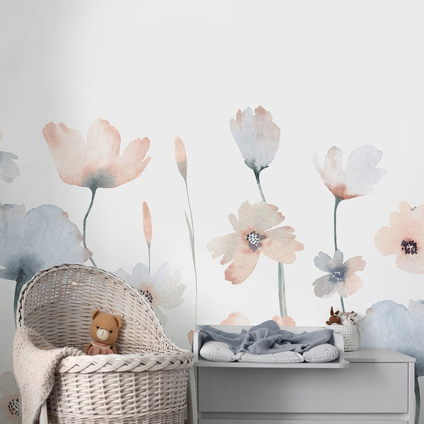 Colored Watercolor Flowers Wall Mural SM044 - CostaCover - Peel and stick Removable Wallpaper - accent wallpaper - adhesive wallpaper - baby bedroom