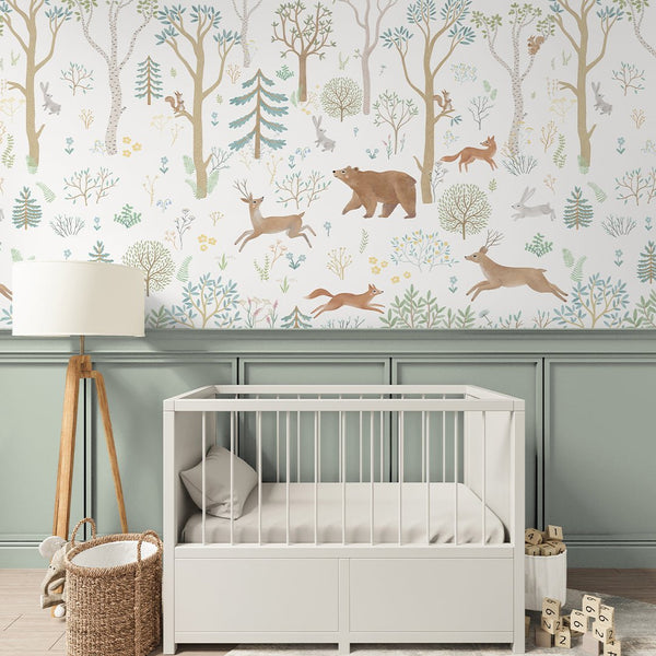Beige Green Forest Animals Wall Mural SM014 - CostaCover - Peel and stick Removable Wallpaper - accent wallpaper - adhesive wallpaper - animal print