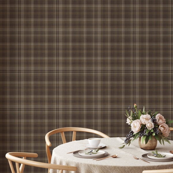 Vintage brown tartan wallpaper with overlapping horizontal and vertical stripes in earthy neutral shades, perfect for English country and farmhouse interiors.