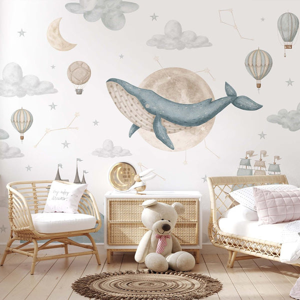Whale Moon Sky Cloud Wall Mural SM006 - CostaCover - Peel and stick Removable Wallpaper - accent wallpaper - adhesive wallpaper - animal print