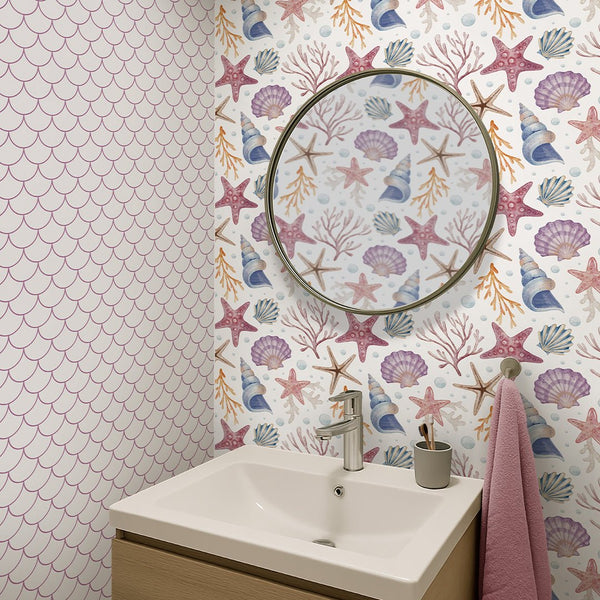 Seashells and Corals Wallpaper S090 - CostaCover - Peel and stick Removable Wallpaper - accent wallpaper - adhesive wallpaper - baby bedroom
