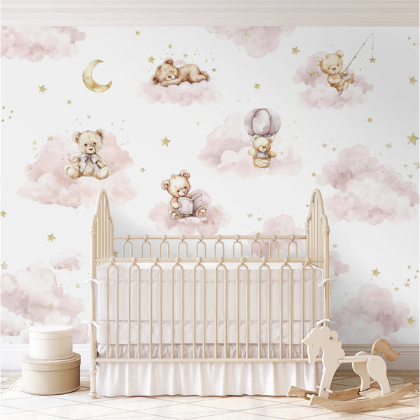 Pink Clouds and Bears wall mural featuring soft watercolor teddy bears resting on blush pink clouds. Perfect for a nursery or baby room, this removable wallpaper offers a calming atmosphere with easy peel and stick application.
