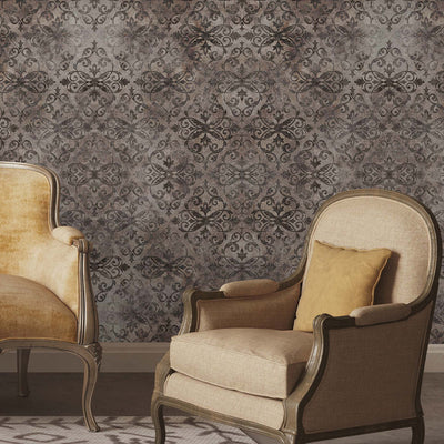 Vintage Brown Damask Wallpaper A022