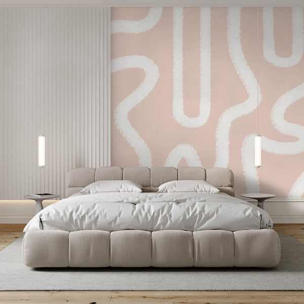 Peach Fuzz & White Lines Wall Mural AM045 - CostaCover - Peel and stick Removable Wallpaper - about walls - Abstract - Abstract Labyrinth Lines