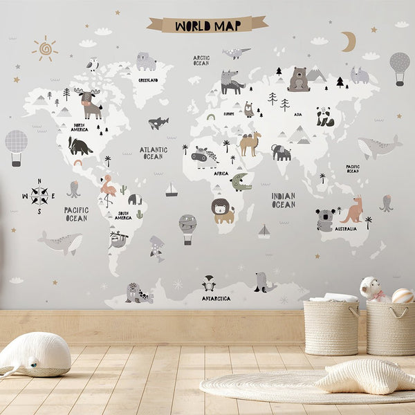Gray World Map With Animals Wall Mural AM114 - CostaCover - Peel and stick Removable Wallpaper - accent wallpaper - adhesive wallpaper - animal print