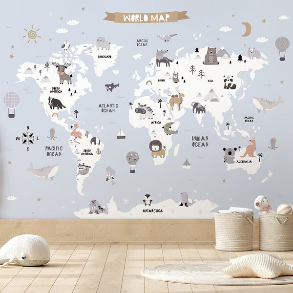 Blue World Map With Animals Wall Mural AM113 - CostaCover - Peel and stick Removable Wallpaper - abstract wall art - accent wallpaper - adhesive wallpaper
