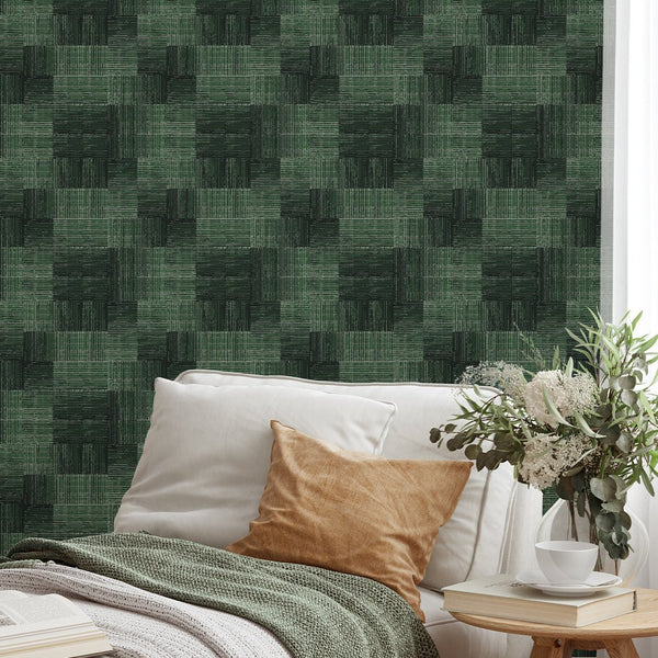Dark Green Checker Grasscloth Wallpaper CG027 - CostaCover - Traditional Wallpaper - Abstract - Abstract Labyrinth Lines - abstract lines