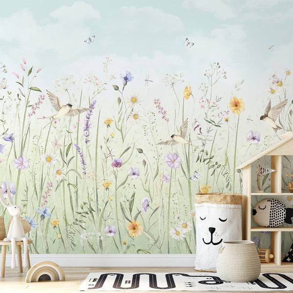Pastel Wildflowers Meadow Wall Mural SM040 - CostaCover - Peel and stick Removable Wallpaper - accent wallpaper - adhesive wallpaper - baby bedroom