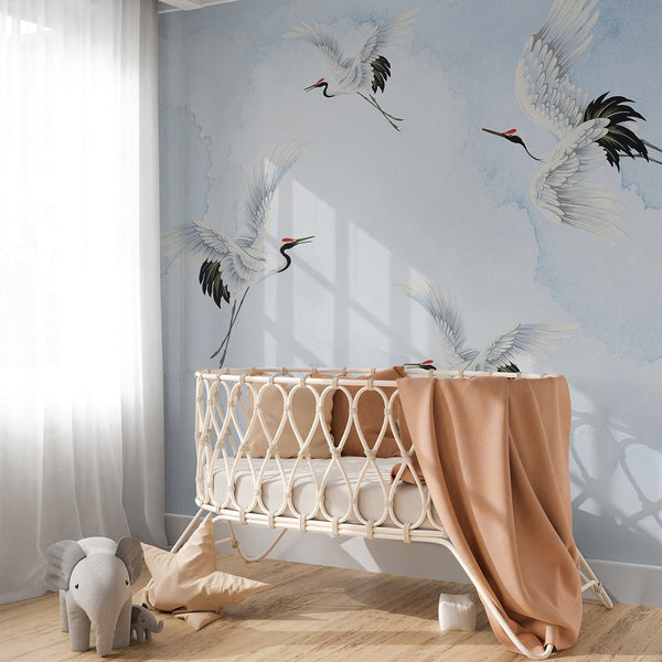 Chinoiserie Crane Blue Grasscloth Wall Mural CG004 - CostaCover - Traditional Wallpaper - abstract wallpaper - accent wallpaper - bathroom wallpaper