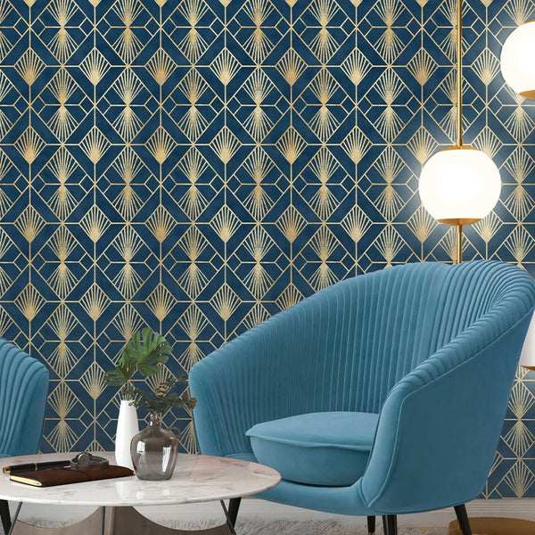 Navy Blue Art Deco Wallpaper CC333 - CostaCover - Peel and stick Removable Wallpaper - Abstract - abstract floral - Abstract Labyrinth Lines