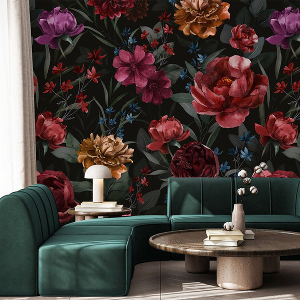 Dark Flowers Print Wall Mural SM027 - CostaCover - Peel and stick Removable Wallpaper - abstract wallpaper - accent wallpaper - adhesive wallpaper