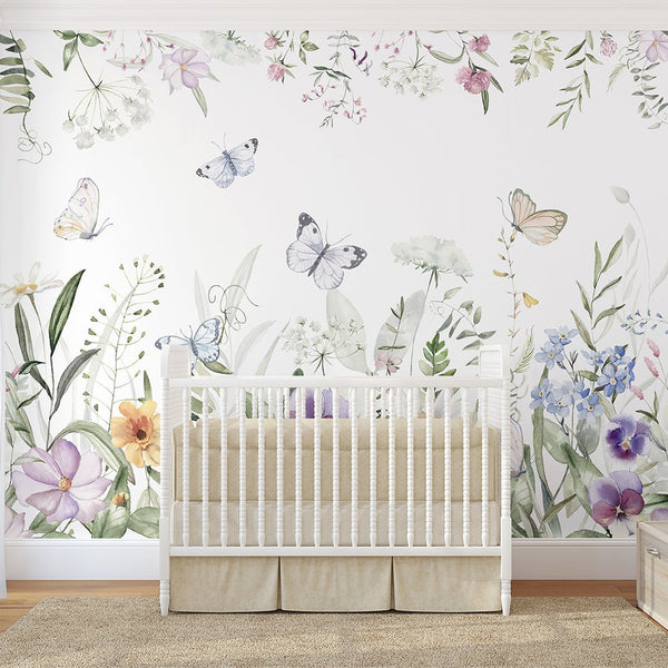 Wildflowers and Butterflies Wall Mural SM041 - CostaCover - Peel and stick Removable Wallpaper - accent wallpaper - adhesive wallpaper - baby bedroom