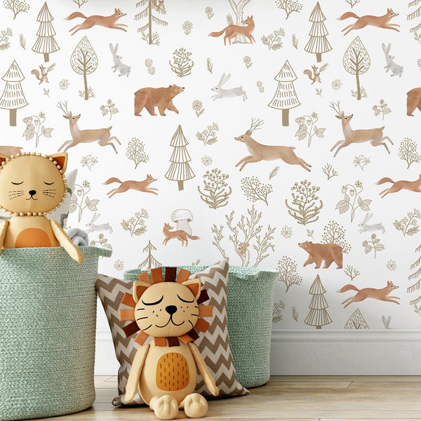 Beige Brown Forest Animals Wallpaper S055 - CostaCover - Peel and stick Removable Wallpaper - accent wallpaper - adhesive wallpaper - animal print