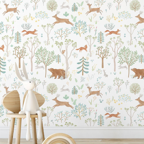 Beige Green Forest Animals Wallpaper S056 - CostaCover - Peel and stick Removable Wallpaper - accent wallpaper - adhesive wallpaper - animal print
