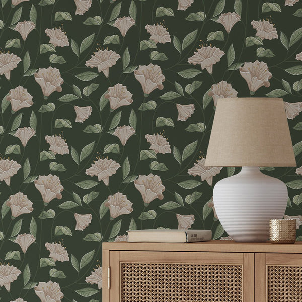 Green Beige Bellflower Wallpaper W153 - CostaCover - Peel and stick Removable Wallpaper - Abstract Beige Gold Stripes Waves Removable Wallpaper near me - abstract floral - abstract wall art