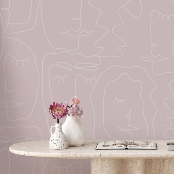 Pink Abstract Female Face Wallpaper CC308 - CostaCover - Peel and stick Removable Wallpaper - Abstract - abstract lines - abstract mural