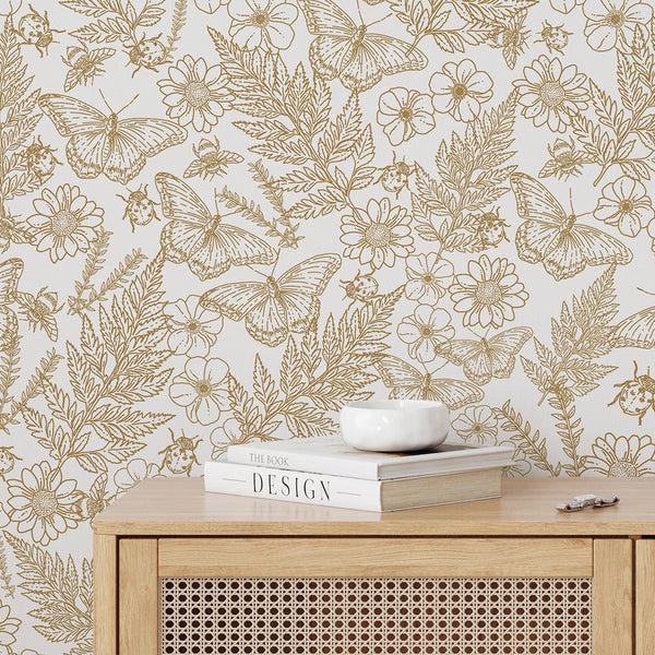 Beige Butterflies & Plants Wallpaper W157 - CostaCover - Peel and stick Removable Wallpaper - abstract floral - abstract wallpaper - accent wallpaper