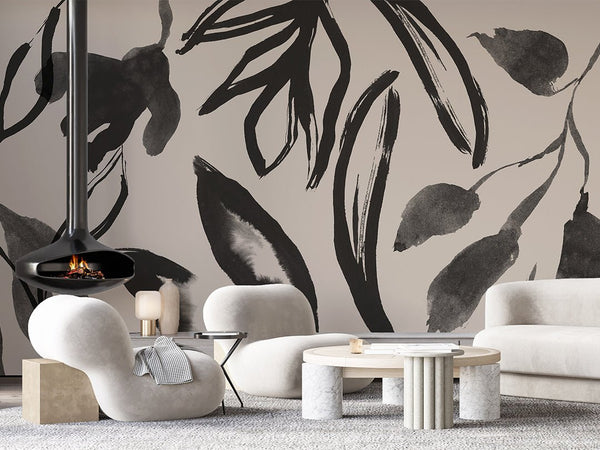 Black Beige Floral Wall Mural AM037 - CostaCover - Peel and stick Removable Wallpaper - about walls - Abstract - abstract floral