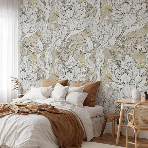 Beige, Black & Gold Flowers Wall Mural CCM158 - CostaCover - Peel and stick Removable Wallpaper - abstract wallpaper - accent wallpaper - adhesive wallpaper